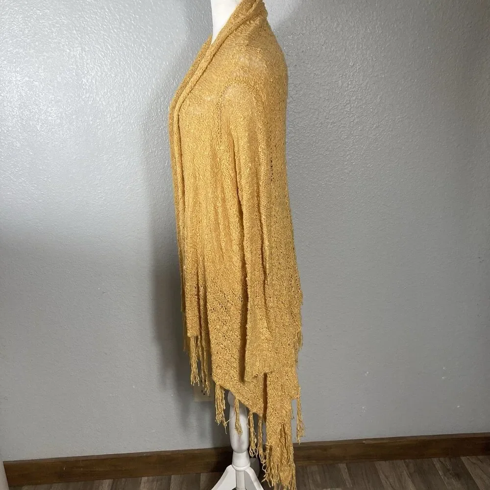 Fringe Boho Cardigan Womens M Open Front Gold Loose Knit Western Asymmetrical